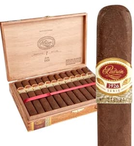Open box of Padrón 1926 Anniversary Series Natural cigars with smooth, light brown wrappers and signature Padrón bands