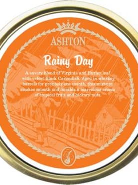 Ashton Rainy Day pipe tobacco tin with a smooth aromatic blend aged in whisky barrels.