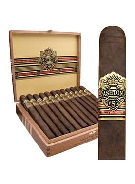 Open box of Ashton VSG cigars featuring bold, sun-grown Ecuadorian Sumatra-wrapped cigars with deep, rich colors and a premium band, neatly arranged in a cedar-lined interior."