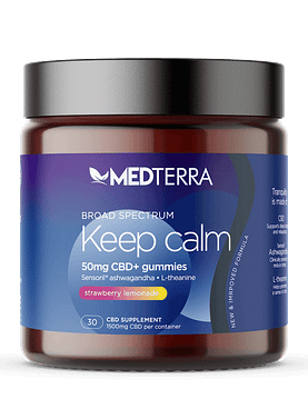 20-count jar of Medterra Calm Gummies with CBD, L-theanine, and lemon balm to promote relaxation and reduce stress.