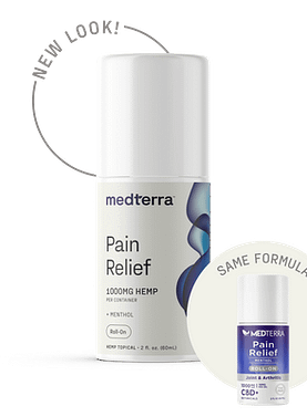 Medterra Pain Relief Roll-On tube with 1000 mg CBD, menthol, and arnica for targeted muscle and joint pain relief.