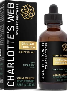 Charlotte’s Web Original Formula Oil 30ml bottle with product box in the background, emphasizing premium hemp wellness.