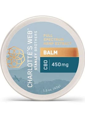 Charlotte’s Web Hemp-Infused Balm tin with 450 mg CBD, featuring natural ingredient labeling and compact design.