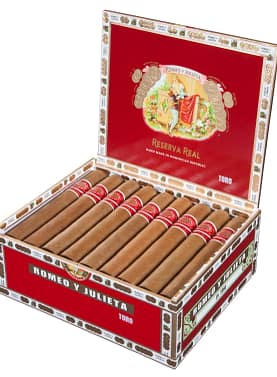 Open box of Romeo y Julieta Reserva Real cigars with neatly arranged cigars showcasing smooth, creamy Connecticut Shade wrappers.