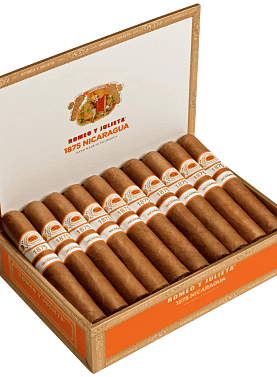 Open box of Romeo y Julieta 1875 Nicaragua cigars featuring dark Nicaraguan wrappers and elegant red-and-gold bands.