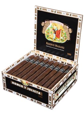 Open box of Romeo y Julieta 1875 Reserve Maduro cigars with dark, oily wrappers and black-and-silver bands.