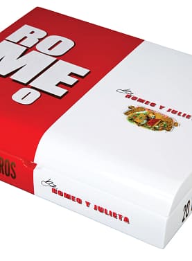 Closed box of ROMEO by Romeo y Julieta cigars with bold red and black design and modern branding.