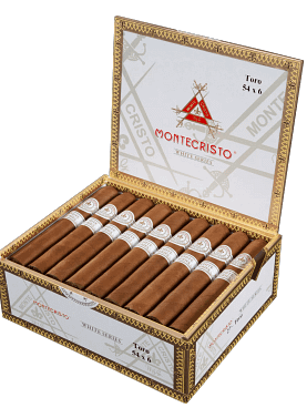 Open box of Montecristo White Series cigars featuring smooth Connecticut Shade wrappers and elegant gold and white bands.