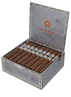 Open box of Montecristo Platinum Series cigars with dark San Andrés wrappers and sleek silver bands.