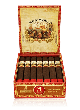 "An open box of New World Oscuro cigars, displaying dark, rich wrappers with detailed cigar bands