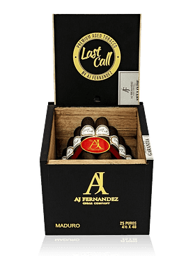 Open box of Last Call Maduro cigars, featuring their rich, dark wrappers and bold, full-bodied appeal