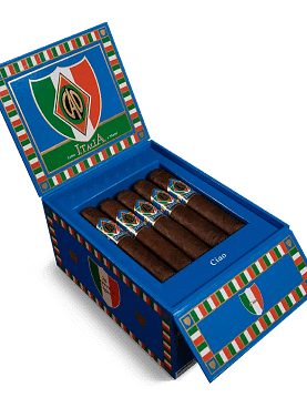 Open box of CAO Italia cigars featuring dark Honduran wrappers and bold blue and gold bands