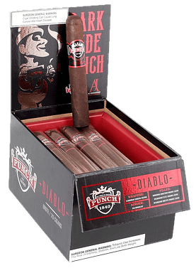 Open box of Punch Diablo cigars with dark wrappers and striking red and black bands