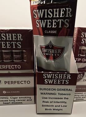 Box of Swisher Sweets Perfecto Cigarillos with plastic tips, each sealed in individual foil pouches.