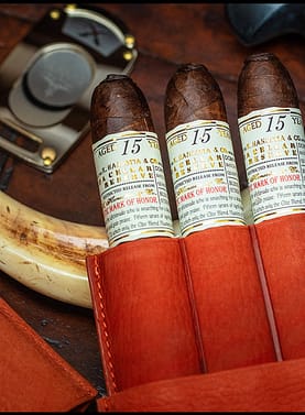 Three Gurkha Cellar Reserve 15 Year cigars in a leather travel case