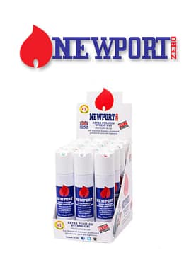 Open display of Newport Zero Butane 90ml cans arranged neatly in retail packaging.