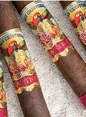 Four San Cristobal Ovation cigars resting side by side on a textured rock surface, showcasing their rich brown wrappers and ornate bands against a rugged natural backdrop