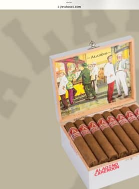 Open box of Aladino Cameroon cigars with reddish-brown wrappers and classic gold-and-red bands
