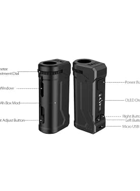 A Yocan Uni Pro box mod with an adjustable cartridge chamber, OLED display, and compact rectangular body.