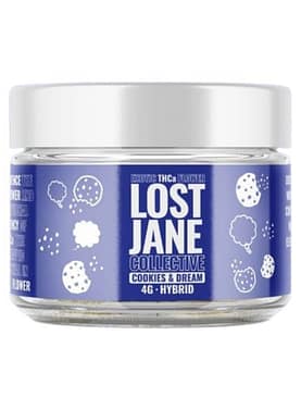 Lost Jane THC flower buds displayed up close, showing dense structure and visible trichomes.