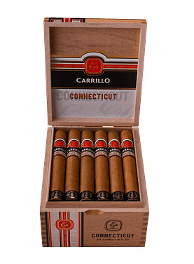 Open box of E.P. Carrillo Connecticut cigars with golden wrappers neatly arranged