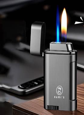 Rami’s dual flame lighter with voice recognition, showing a brushed metal body, open lid, and strong blue torch flame activated by a hand gesture.