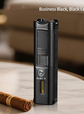Rami's Black matte with black leather triple flame cigar lighter with built -in punch and cigar poker