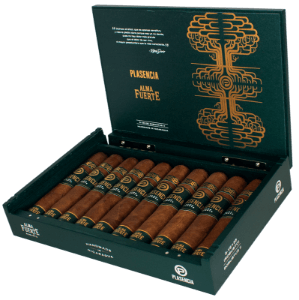 An open box of Plasencia Alma Fuerte Natural cigars, displaying their rich, oily wrappers and elegant cigar bands