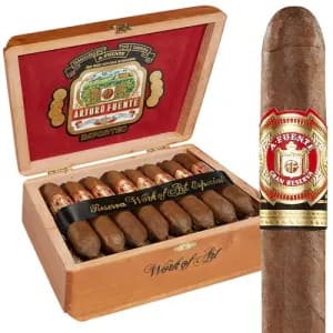 Open box of Arturo Fuente Hemingway cigars with a single perfecto-shaped cigar displayed in front.
