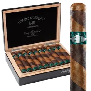 Open box of Rocky Patel The Edge 10th Anniversary cigars with dark Sumatra wrappers and bold commemorative bands.