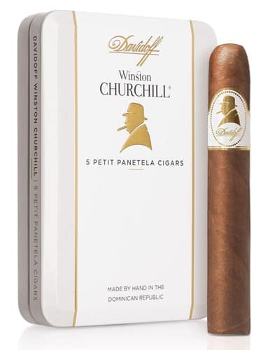 Single Davidoff Winston Churchill Petit Panatela cigar in front of branded pack