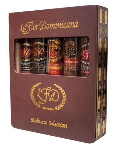 La Flor Dominicana Robusto Selection Sampler featuring an assortment of robusto cigars neatly arranged in a decorative box.