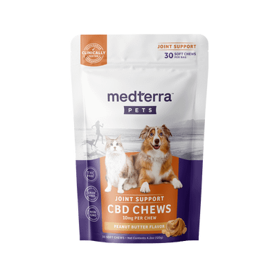 Bag of 30 Medterra Pet Hemp Joint Support Chews, with natural ingredients and CBD for supporting pet joint health.