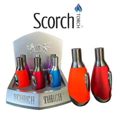 Two Scorch Torch Single Flame Lighters in front with a full display of lighters in the background.