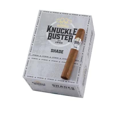 Single Punch Knuckle Buster Shade cigar resting on top of its branded box, showcasing Connecticut Shade wrapper and packaging design
