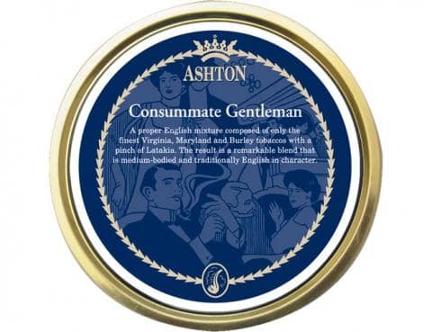 Ashton Consummate Gentleman pipe tobacco tin featuring a refined English blend of Virginia, Burley, and Latakia.