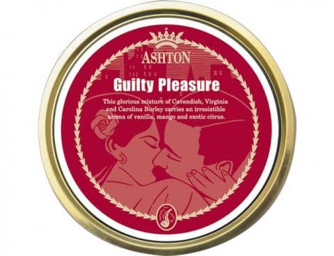 Ashton Guilty Pleasure pipe tobacco tin with an aromatic tropical blend of Virginia, Burley, and Black Cavendish.