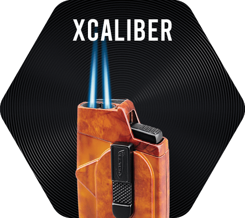 Marble mahogany Vector Caliber Lighter with double torch flame lit.