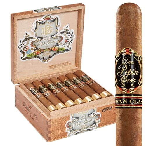 Single Don Pepin Garcia Cuban Classic cigar with open box behind it