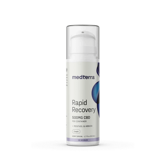 Tube of Medterra Rapid Recovery Cooling Cream 500 mg, featuring CBD and menthol for targeted, cooling relief.