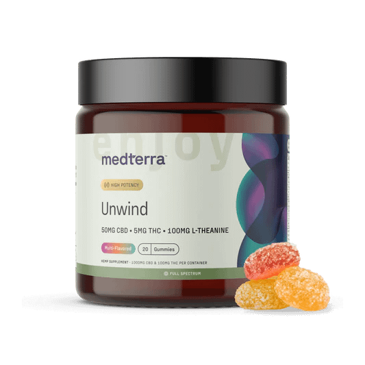 Jar of Medterra Unwind CBD Gummies with a few gummies beside it, highlighting texture and serving size.