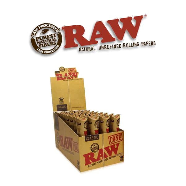 Display of 32 RAW Classic King Size Cones upright in branded box packaging.