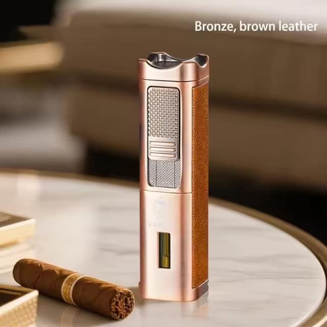Rami's triple flame torch lighter with built-in cigar punch and poker tool in bronze finish with brown leather detail