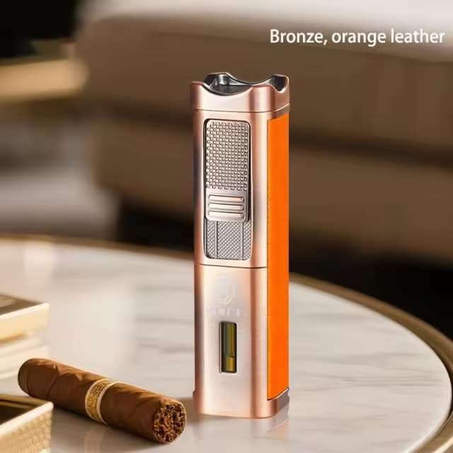 Rami's triple flame torch lighter with built-in cigar punch and poker tool in bronze finish with orange leather detail
