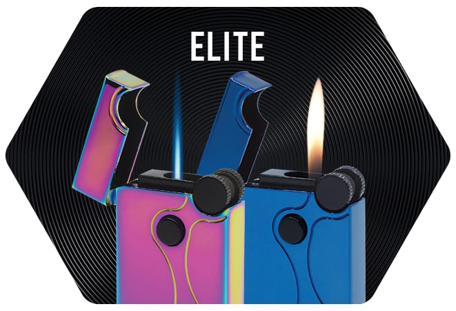 Two Vector Elite Dual Flame Lighters—blue with soft flame lit and pink with torch flame lit.