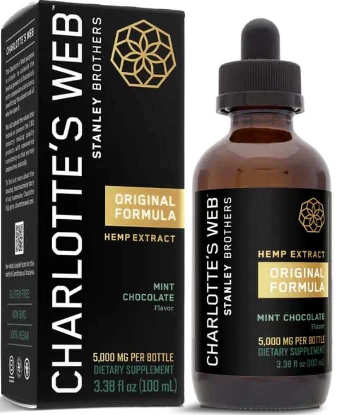 Charlotte’s Web Original Formula Oil 30ml bottle with product box in the background, emphasizing premium hemp wellness.
