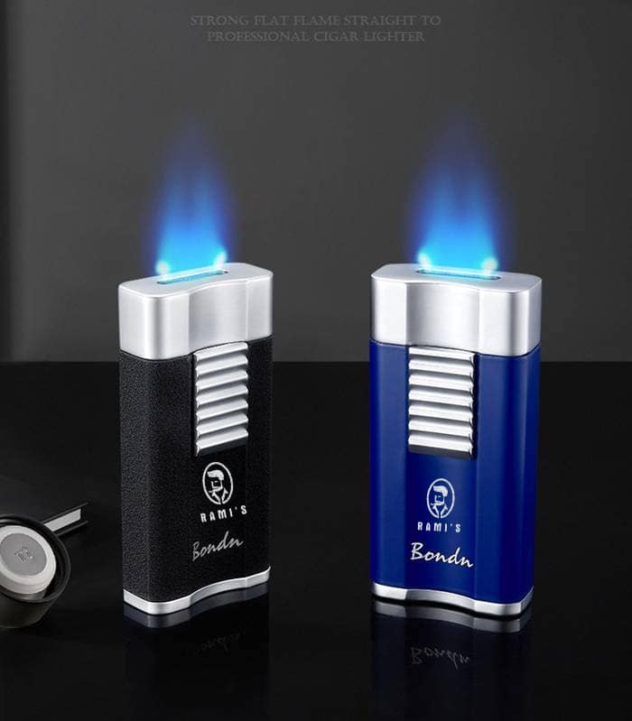 Rami’s Bondu waterfall flat flame lighter in black and blue colors with silver top and blue flame