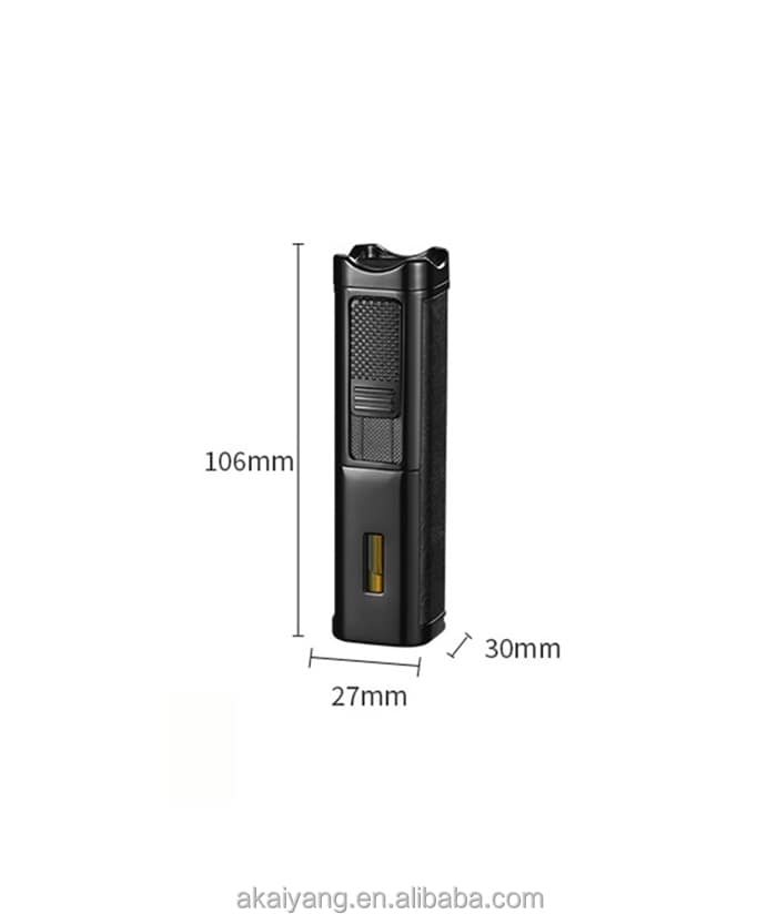 Rami's triple flame black lighter with built-in cigar punch and poker tool shown with size dimensions