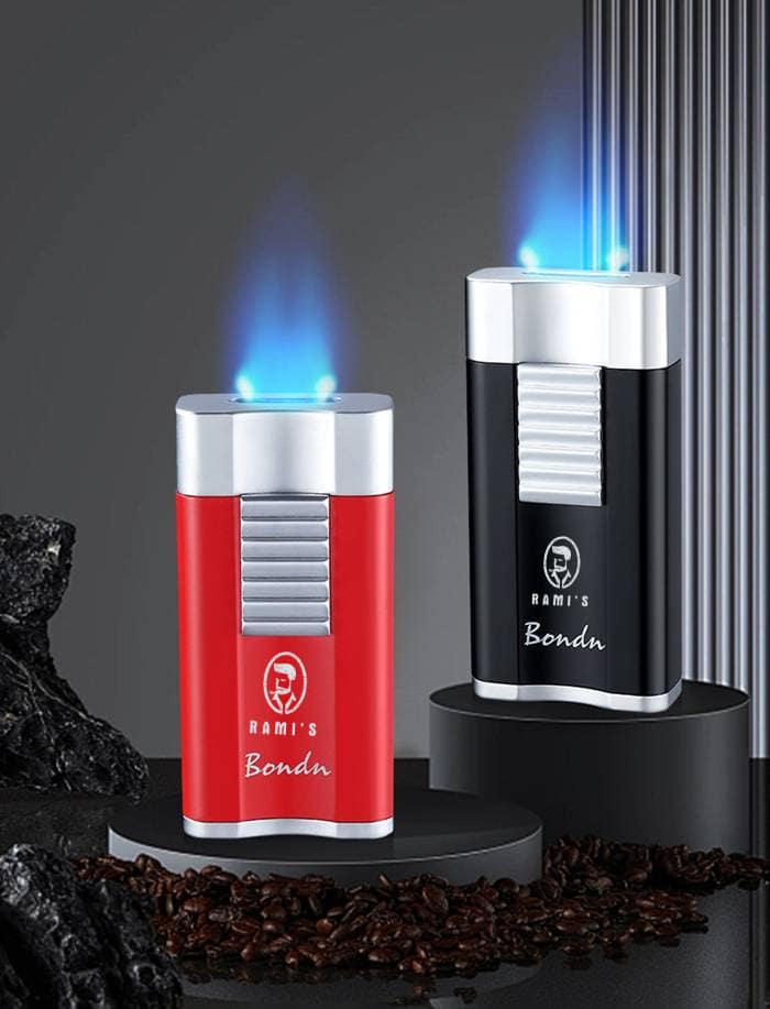 Rami’s Bondu waterfall flat flame lighter in red and black with silver top and blue flame