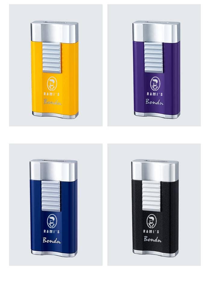 Rami’s Bondu waterfall flat flame lighter in yellow, purple, blue, and black with silver top